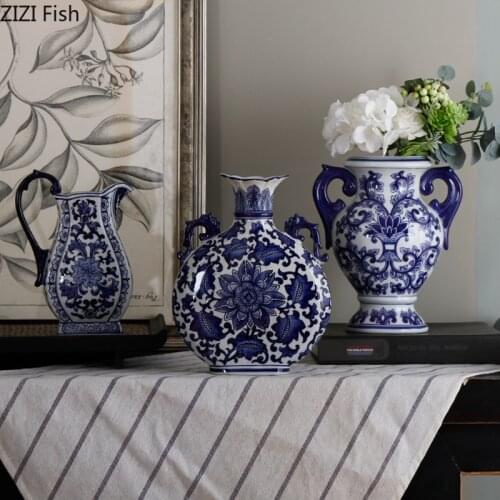 Chinese Vintage Ceramic Vase Blue Flower Geometric Flower Arrangement Vase Living Room Office Furnishings Modern Home Decoration