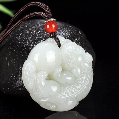 Chinese White Jade Dragon Pixiu Pendant Necklace Charm Jewellery Fashion Accessories Hand-Carved Man Woman Amulet Gifts