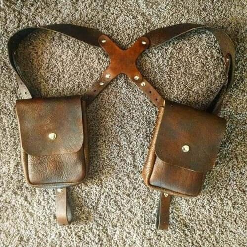Medieval Leather Shoulder Bag Vintage Phone Case Wallet Double Pocket Holster Men gay harness bdsm Costume