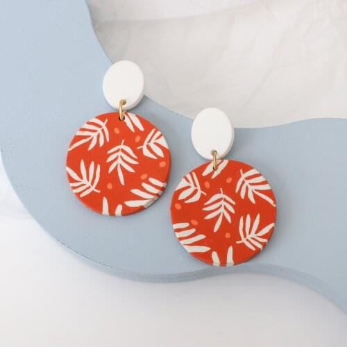 Lifefontier White Leaves Orangle Drop Earrings For Women Unusual Geometric Round Polymer Clay Dangle Earrings Jewelry Gifts