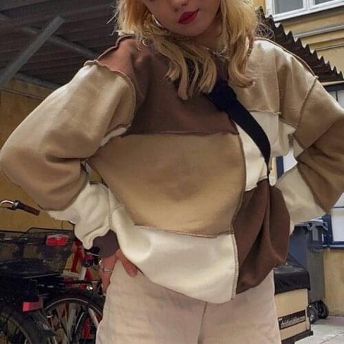 Patchwork Pleated Pullover Womens Sweatshirt Vintage Long-sleeved Sweatshirts Female 2021 Autumn Causal Lady Streetwear Top