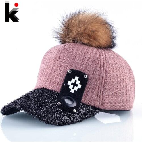 Autumn And Winter Fur PomPom Baseball Caps Women Fashion Street Wear Fluffy Visor Hat Female Snapback Hip Hop Gorras Casquette