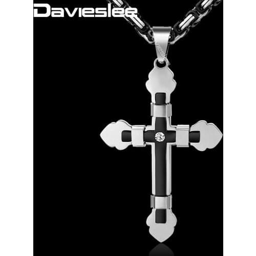 Davieslee Rhinestone Cross Pendant Necklace for Men Gold Black Silver Color Stainless Steel Chain Womens DKF10