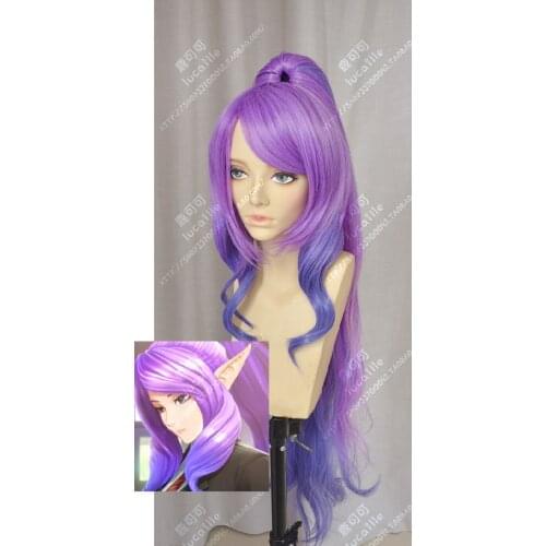 Game LOL Janna Cosplay Wig Long Purple Pink Mix Culy With 100cm Chip Ponytail Heat Resistant Synthetic Hair Wigs + Wig Cap