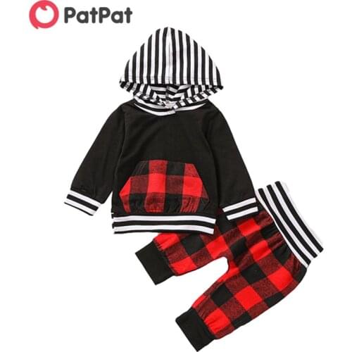 PatPat New Arrival In Stock Autumn and Spring Long sleeve hooded red plaid suit Baby Boy Baby Clothing