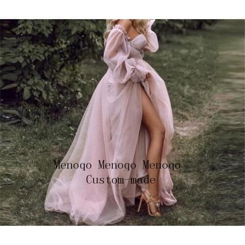 Pink Prom Dresses Long Puffy Sleeve Tulle Backless Formal Evening Party Gowns Beauty Pageant Dresses