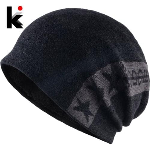 Fashion Skullies Beanie Men Warm Knitted Hat Winter Thick Beanies Double Layer Knit Stars Hip Hop Gorras Solid Color Bonnet Hats