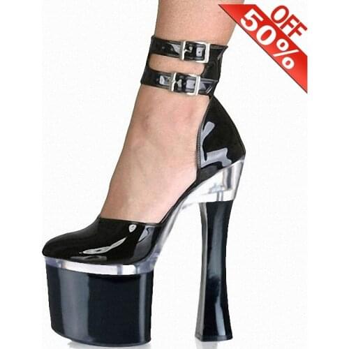 Patent Leather Platform Round Toe Strap Gothic Pumps 18cm High Stripper Heeled Pole Dance Shoes 7 Inches Sexy Fetish Trend Stage