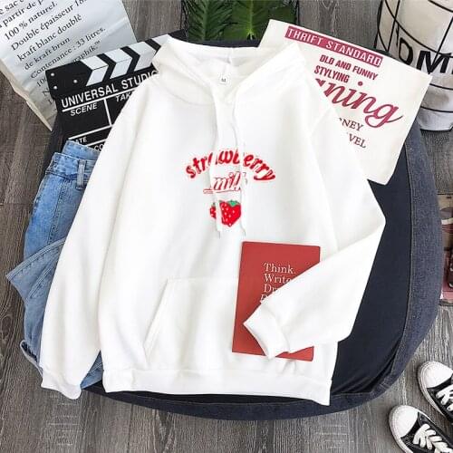 Kawaii Strawberry Milk Hoodie Sweatshirt Women Kpop Lolita Style Strawberry Sweatshirts Schoolgirl Streetwear Harajuku Tops