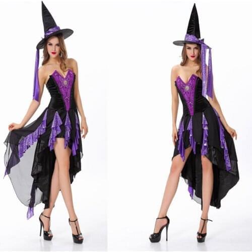Women Halloween Cosplay Costumes Women Sexy Purple Swallow-Tailed Dress Witches Vampire Zombie Demon Costumes 3PCS Set