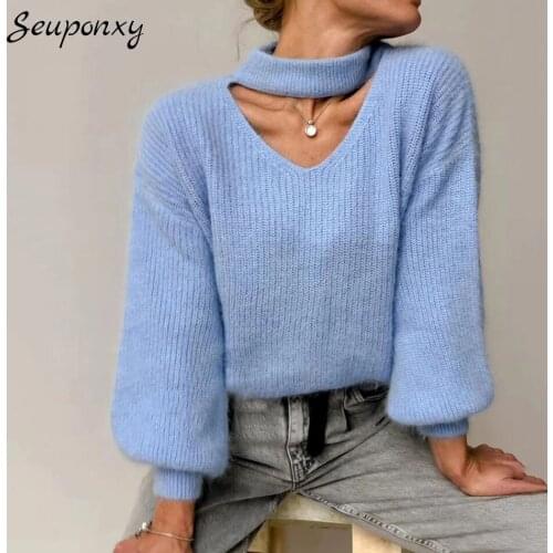 High Quality Autumn 2021 Sexy O-Neck Lantern Sleeves Hollow Knit Loose Sweater Elegant WomenS Pure Color Casual Pullover