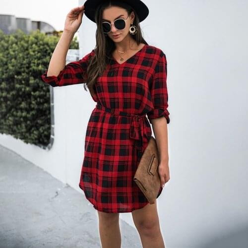 Fashion Women Plaids Print Shirts Dress 2021 Spring Autumn Red V-neck Long Sleeve Lace-up Mini Dresses Woman Casual Party Dress