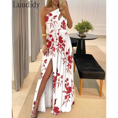 Women Party Dress Floral Print Cutout One Shoulder Slit Thigh Maxi Dress
