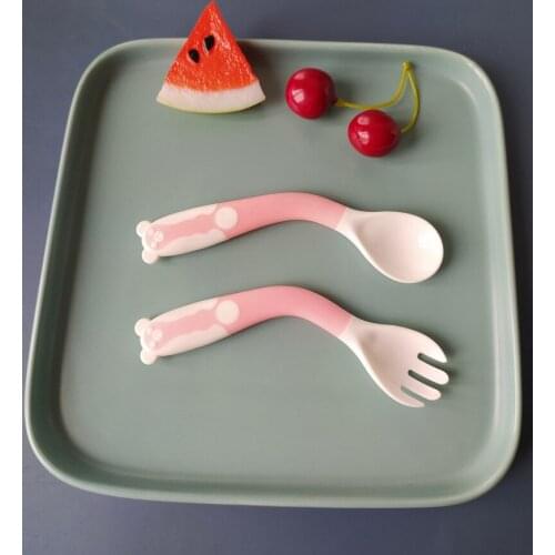 2 Pcs/Set Cute Cartoon Food Grade PP Baby Spoon Tableware Bendable Baby Utensil Spoon Fork Feeding Dishware Set