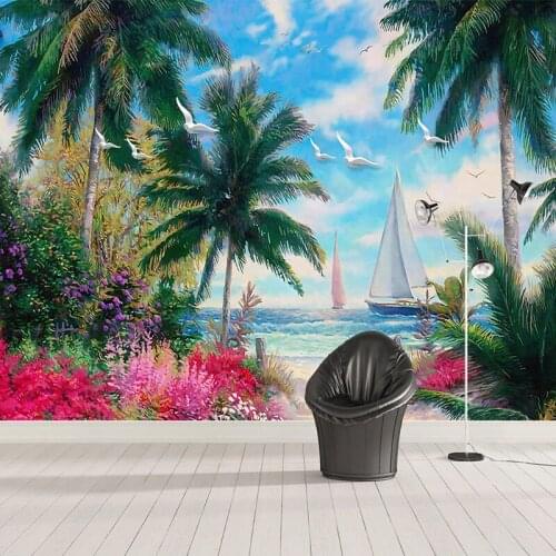 Custom Photo Wall Paper 3D Beautiful Oil Painting Coconut Tree Seagull Sailboat Landscape Mural Bedroom Living Room Wall Decor
