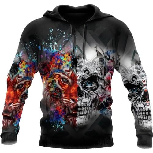 Tiger And Skull Art Hoodie For Men Tiger Tattoo Harajuku Fashion Sport Hooded Spring/Autumn Sweatshirt Casual Jacket Pullover