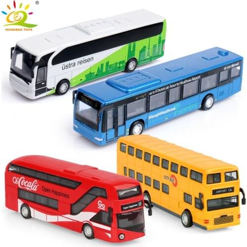 HUIQIBAO 4pcs 1:36 City bus Diecasts Alloy car Double decker Tour Bus Pull Back vehicle Collection Kids Toys for Children Gift