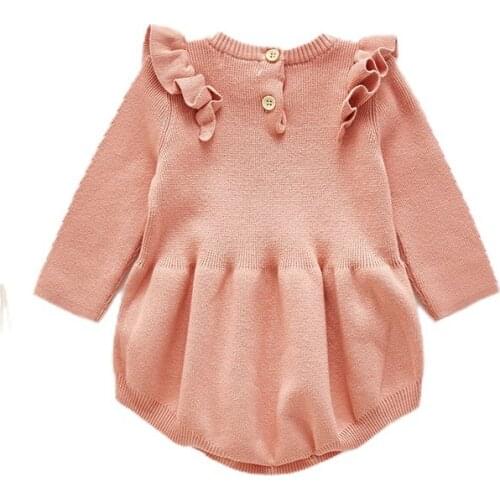 New Fall Winter Infants Girl Jumpsuit Flying Long-Sleeve Knitting Ruffle Crotch Buttons Home Sports Sleeping Bodysuit