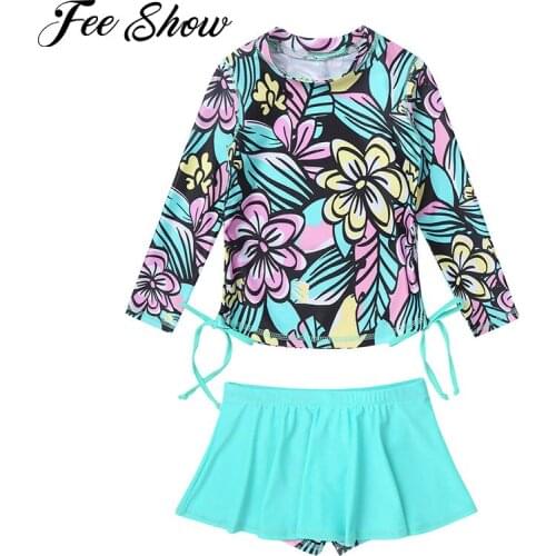 Summer Bathing Suit Kids Girls Two Pieces Swimsuits Swimwear Long Sleeves Flower Printed Tops with Skirt Style Shorts Beach wear