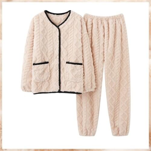 M-3XL Coral Velvet Loose 2PCS Pajama Sets Women Winter New V-Neck Cardigan&Pant Sleepwear Thicken Warm Homewear Casual Nightwear