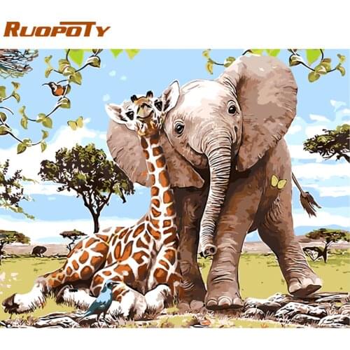 RUOPOTY Frame Giraffe And Elephant DIY Painting By Numbers Modern Wall Art Picture Handpainted Oil Painting For Home Decor 40x50