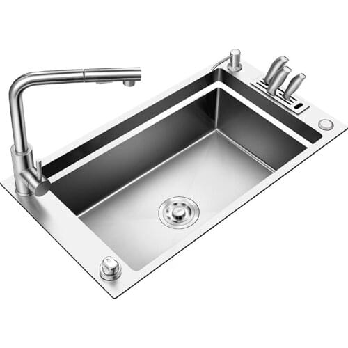 Manual Kitchen Sink Set Meal Thickened 304 Stainless Steel Large Single Slot Side Wash Vegetable Basin Table with Knife Rack