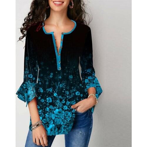 New Fashion Women Floral Blouse 3/4 Flare Sleeve Casual Tops Ladies Tunic Flower Print Blouses Shirts Plus Size S-5XL
