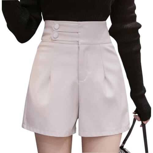 2021 New PU Leather Shorts Korean Fashion Womens Shorts Buttons zipper Wide Leg Short Ladies Sexy Black White Shorts Winter