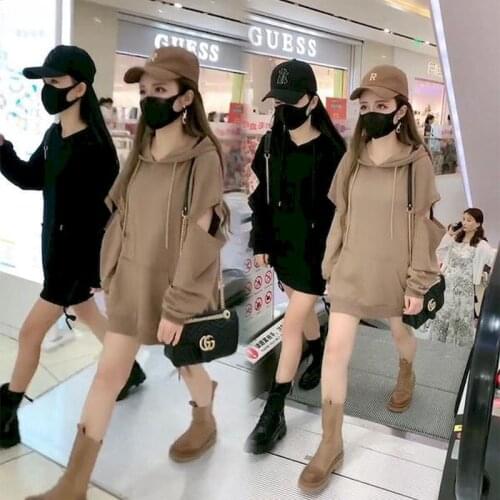 2021 Europe Station Spring and Autumn New Net Red Xiye Hooded Solid Color Hoodies Womens Loose Loophole Korean Fashion Thin Top