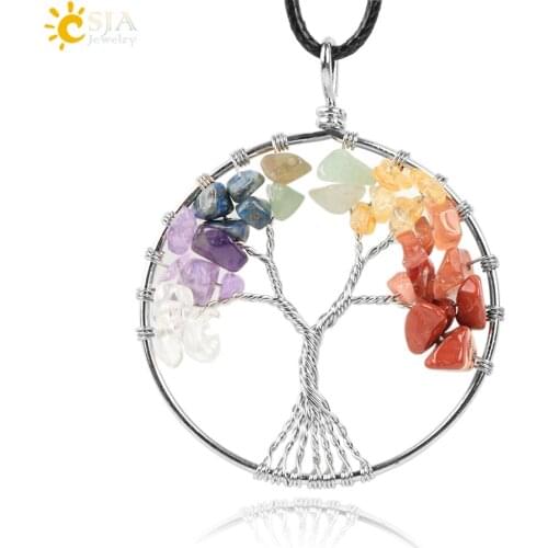 CSJA Life Tree 7 Chakra Natural Crystal Stone Necklace Pendant Special Root Design Rainbow Color Green Aventurine Free Rope E270