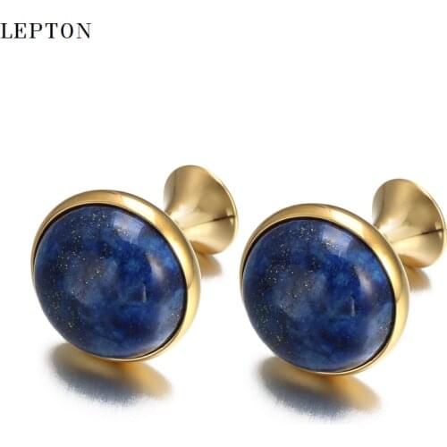 Low-key Luxury Lapis Lazuli Cufflinks for Mens Gold Color Lepton High Quality Round Lazurite Stone Cuff links Relojes gemelos