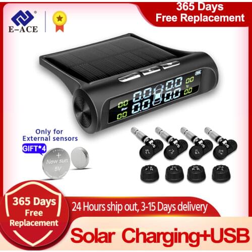 E-ACE Solar TPMS Car Tire Monitor Tire Pressure Sensor Auto Security Alarm Systems Digital Display Tyre Pressure 4 Tire Pressure