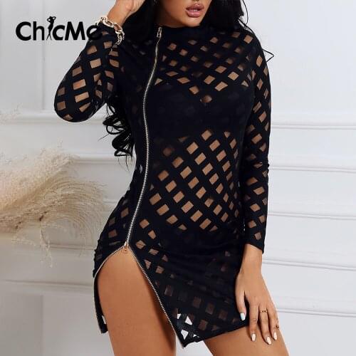 Chicme Sexy Mini Dresses For Women Sheer Mesh Zipper Slit Bodycon Dress Long Sleeve Black See Through Night Clubwear Casual
