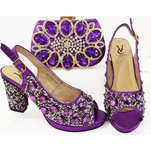 Dark Purple 2021 Fashion Crystal Comfortable Heels Sandals And Bag Set Mature Style Woman Shoes And Matching Purse Set For Party
