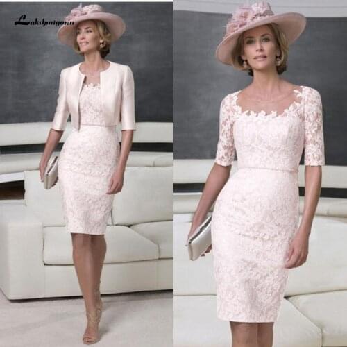 Vintage Mother of The Bride Wedding Party Dress Knee Length with Jacket 2020 Vestidos de Noite Light Pink Mother Evening Dress