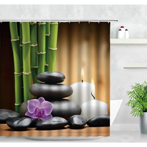 Zen Shower Curtains Green Bamboo Black Stone White Candle Flower SPA Garden Scenery Waterproof Bathroom Decor Screen Curtain Set