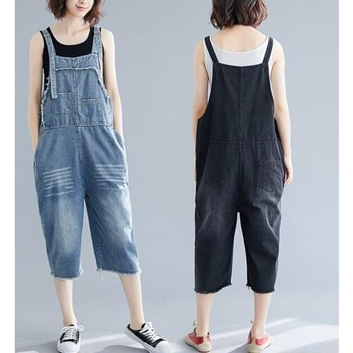 2019 Summer Vintage Jean Jumpsuit For Ladies Retro Capri Suspender Denim Overalls Loose Casual Jeans Women Dungarees OS085