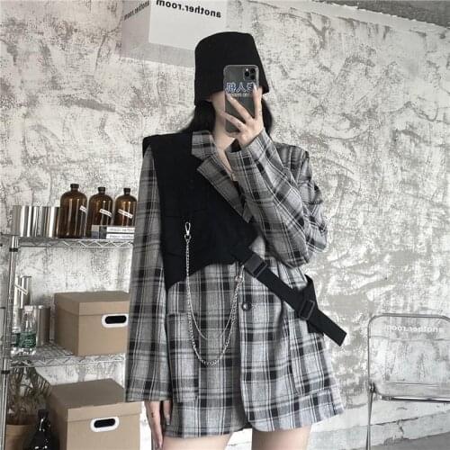 Spring Autumn New Women Korean Style BF Retro Plaid Suit T-Shirts Long Sleeve Single-breasted Turn-down Collar Tops 2021 Y700