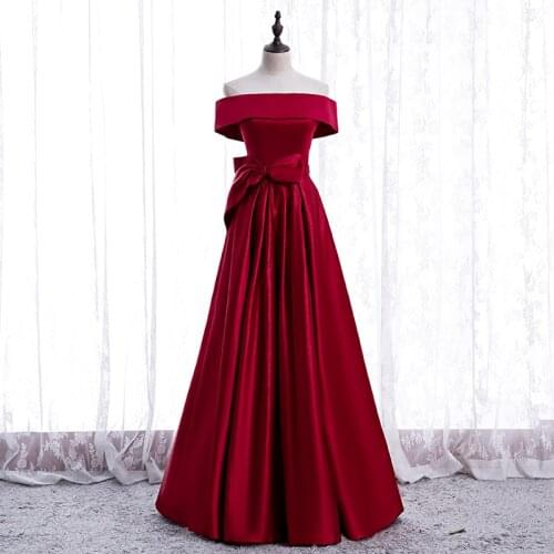 Bespoke Occasion Dresses Vintage Boat Neck Short Backless A-Line Satin Off The Shoulder Red Bow Women Formal Evening Gown HB163