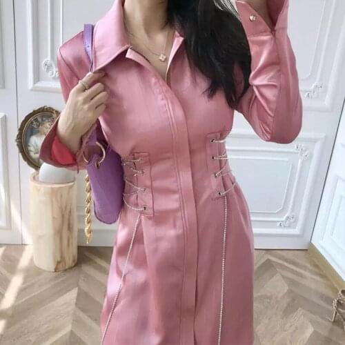 2020 New Fashion Style Luxury Women Shirt Dresses Split Turn Down Collar Long Sleeve Elegant Styles OL Dresses Satin Robe