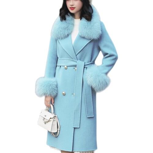 Wool Coat With Real Fox Fur Collar 2019 Autumn Winter Women Outwear Jacket Warm Elegant Long Grey Wool Jacket With Real Fox Fur