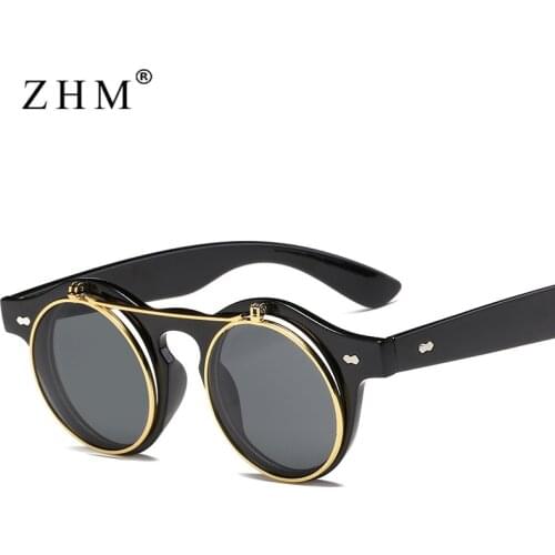 2020 Fashion Vintage Round Steam Punk Flip Up Sunglasses Classic Double Layer Clamshell Design Gothic Sun Glasses Oculos De Sol