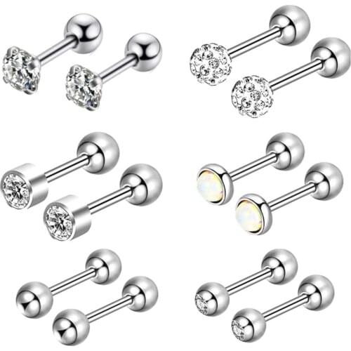 6 Pairs Men Earrings Set Surgical Steel Ear Studs Clean Cubic Zirconia Tragus Cartilage Body Piercing Jewelry Gift for Women