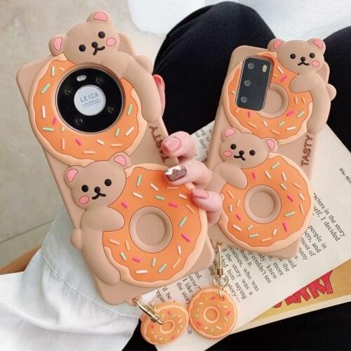 3D Cute Cartoon Tasty Donuts Bear Case for Huawei P30 P40 Mate 30 40 Nova 5 6 7 8 Pro 8 SE Soft Silicone Back Cover with Pendant