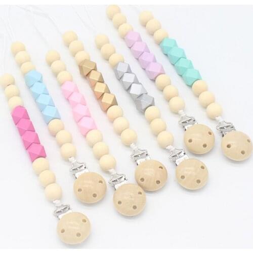 1pc Wooden Beads Teething Newborn Baby Feeding Pacifier Clip Chain Nipple Teether Holder Chain Wooden Clip Chain Baby Product