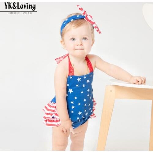 Cotton 4th of july Romper Newborn Baby Girls Ruffled Bubble Bottom Romper Polka Dot Lace Strap Romper Dress Patriotic Clothes