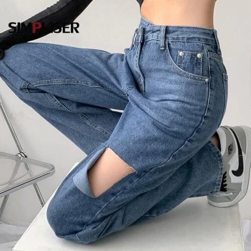 Trendy Jeans Trousers Women Denim Blue Jeans Straight Pants Hole Ripped Boyfriend Femme Jeans Pantalon Long High Waisted Jeans