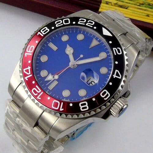 40MM Sterile Blue Dial Sapphire Glass Date Luminous Steel Bracelet Red GMT Automatic Movement Mens Watch