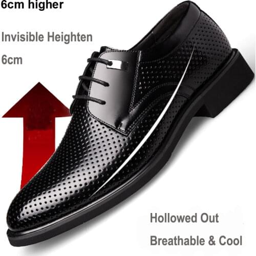 Mens Summer Cow Leahter Shoes Hollowed Out Breathable Invisible Heightened 6CM Heels Solid Pointed Toe Casual Business Shoes