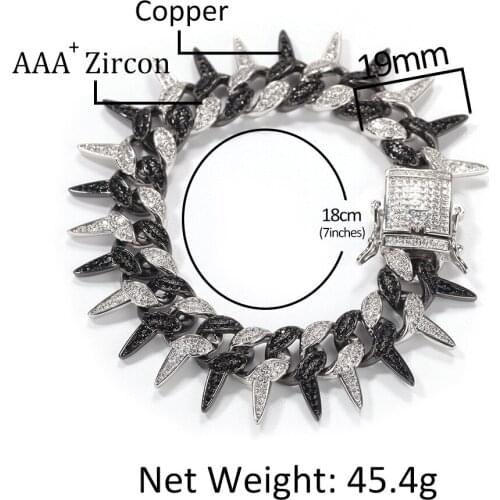 Hip Hop Mens Silver Color Black Bracelet 19mm Thorns Copper Large Cuban Chain Ice Out Cuban Braclete Chain Hip Hop For Men